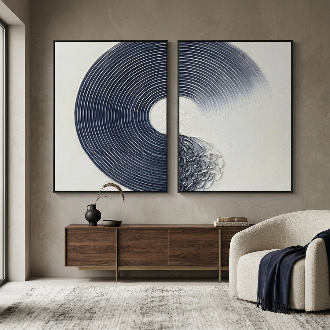 Navy Zen Circles Set Of 2 elegant contemporary wall art, premium design for Dubai and Abu Dhabi interiors