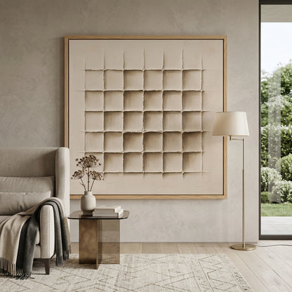 Neutral geometric ceramic tile with a matte finish, elegant wall decor for contemporary Middle Eastern interiors.