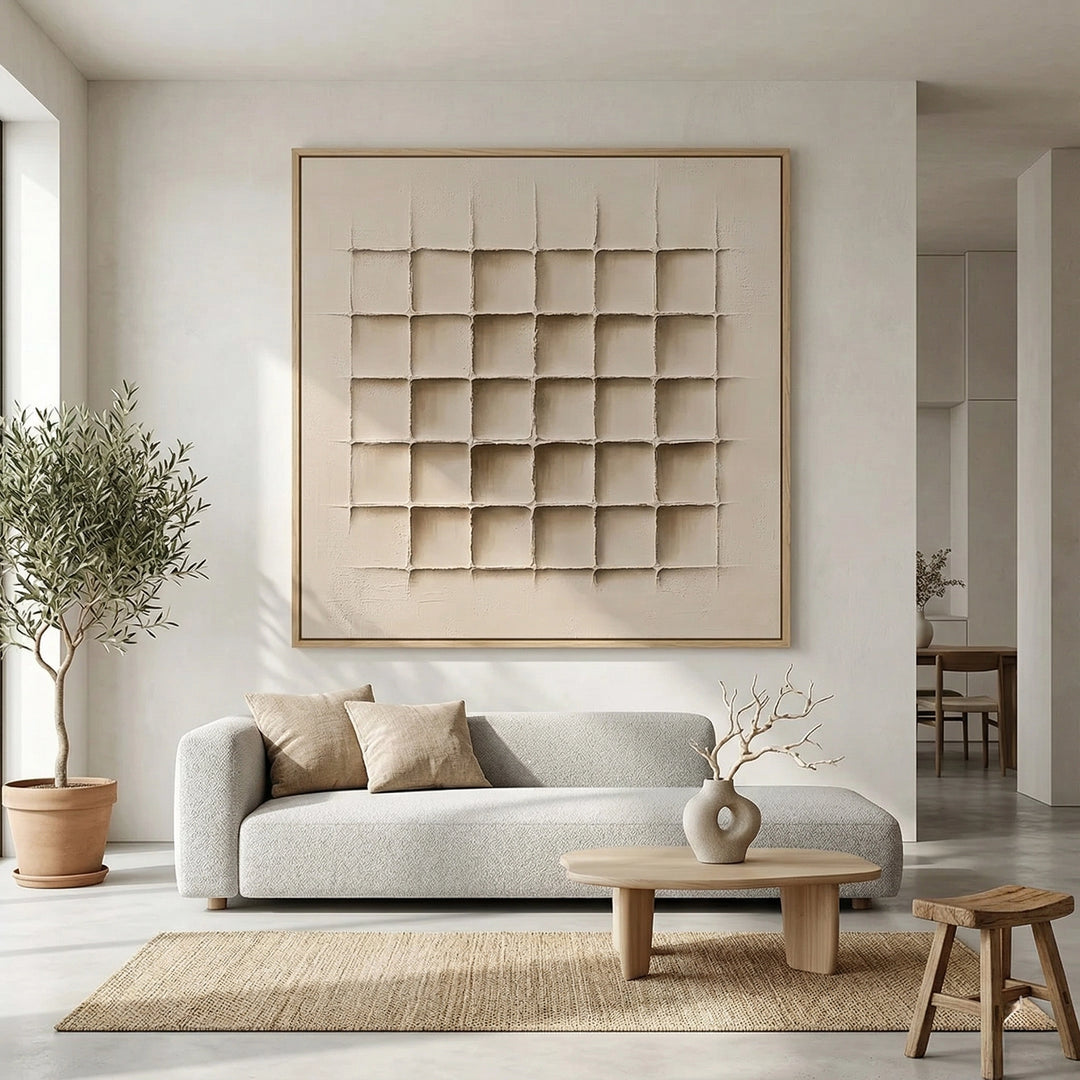 Large format neutral geometric floor tiles in sand tones, perfect for high-traffic luxury hallways and living areas in Abu Dhabi.