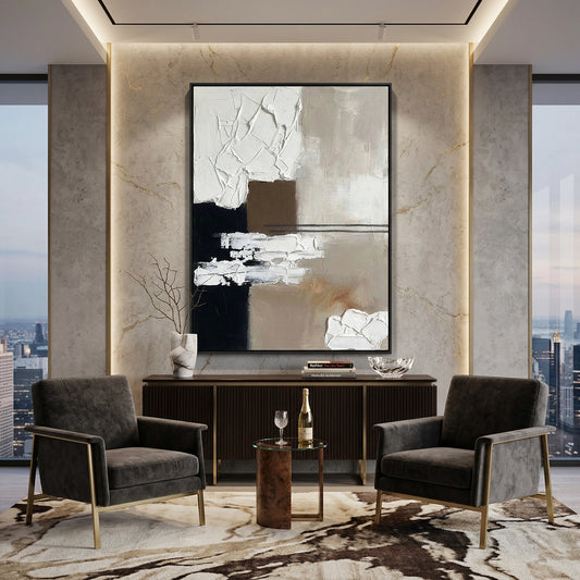 Minimalist 'Neutral Geometry' canvas art with heavy impasto shapes and soft shadow play, bringing architectural order to a contemporary Abu Dhabi villa