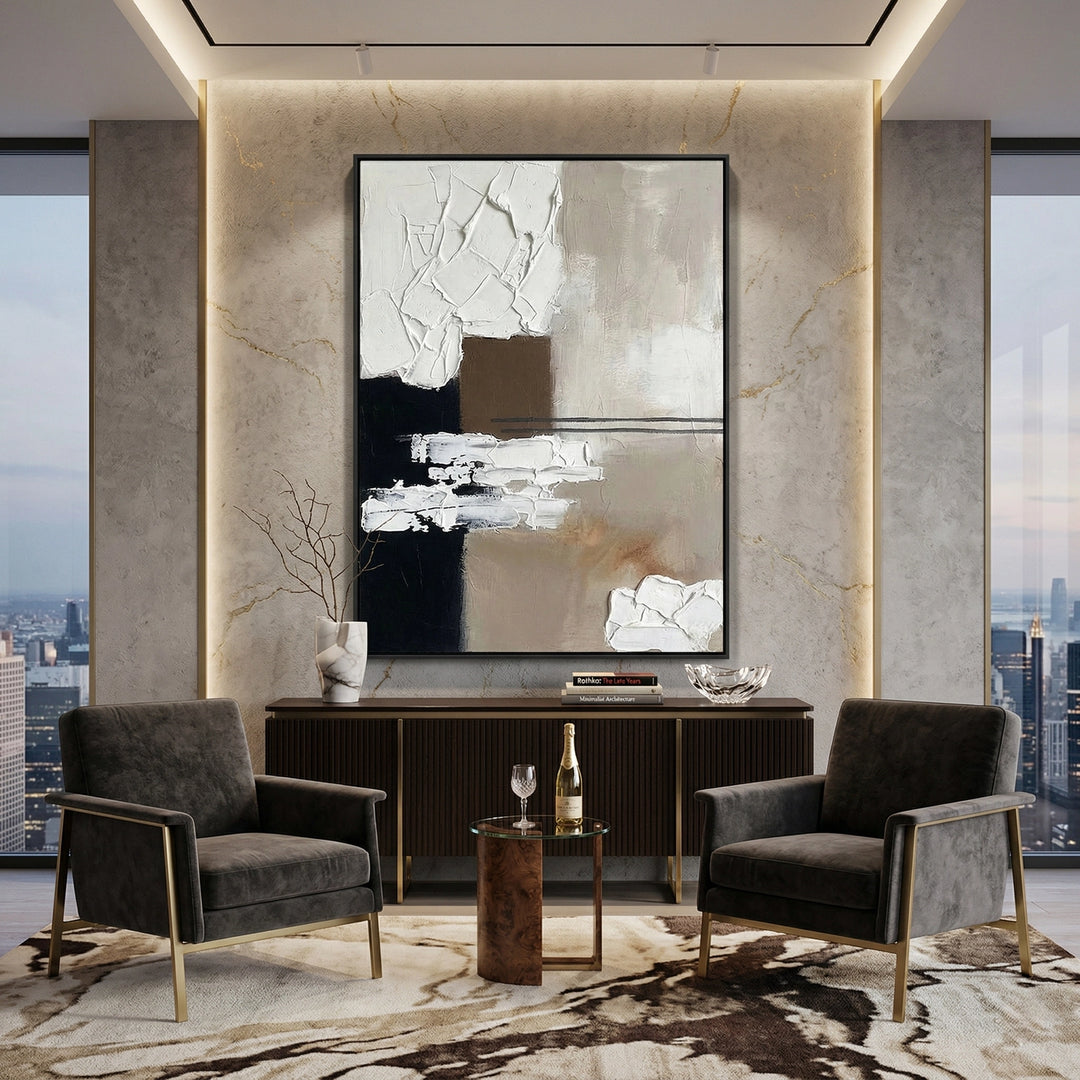 Minimalist 'Neutral Geometry' canvas art with heavy impasto shapes and soft shadow play, bringing architectural order to a contemporary Abu Dhabi villa