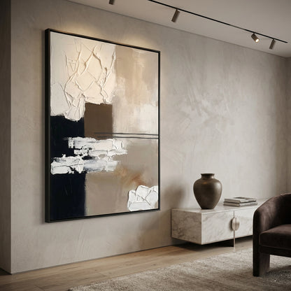 Abstract 'Neutral Geometry' textured painting in a monochromatic sandstone finish, premium neutral wall decor available in the UAE