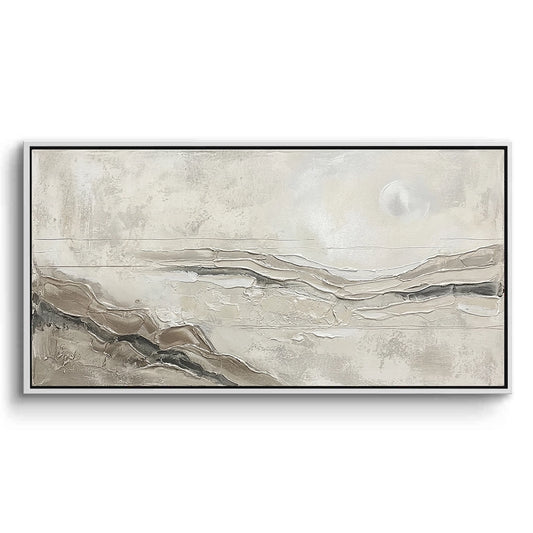 Large 'Neutral Horizon Abstract' painting featuring a seamless transition from sandy beige to misty white, a serene focal point for a luxury Dubai beachfront home