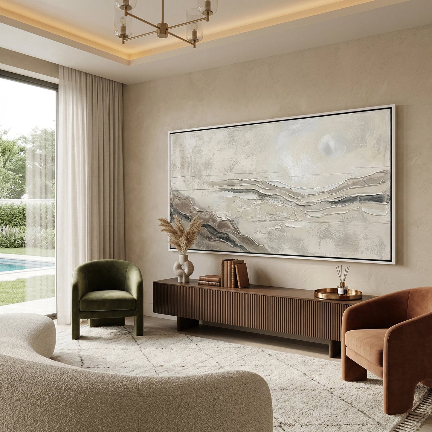 2Minimalist 'Neutral Horizon Abstract' canvas art with heavy impasto textures along the horizon line, adding architectural depth to a modern Abu Dhabi villa.