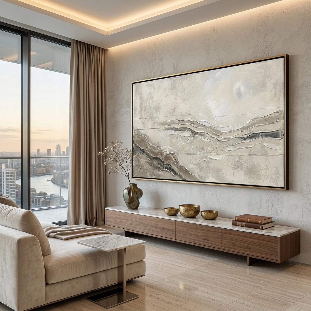 Luxury 'Neutral Horizon' area rug with a subtle linear gradient mimicking a desert landscape, bringing tactile warmth to a modern Dubai lounge.