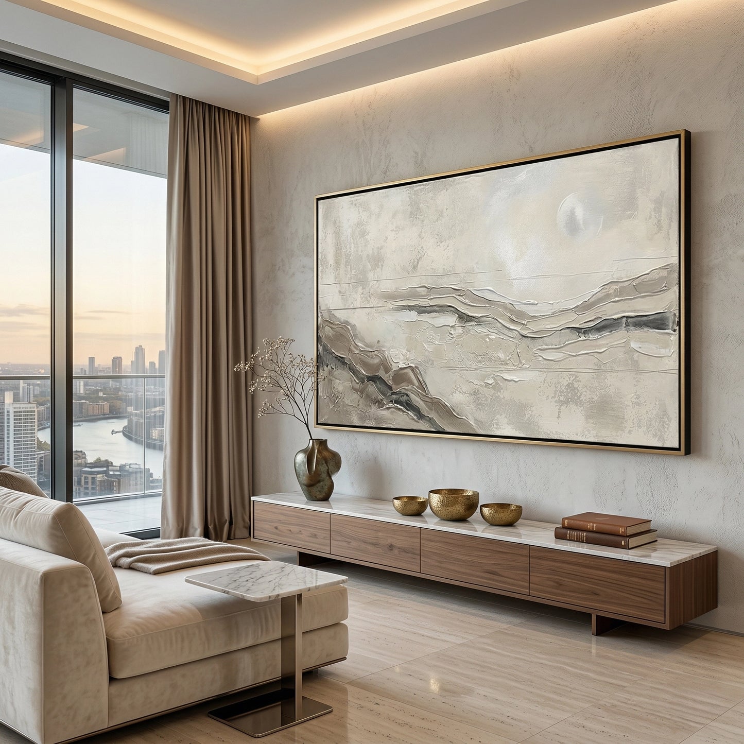 2Luxury 'Neutral Horizon' area rug with a subtle linear gradient mimicking a desert landscape, bringing tactile warmth to a modern Dubai lounge.