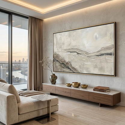 Luxury 'Neutral Horizon' area rug with a subtle linear gradient mimicking a desert landscape, bringing tactile warmth to a modern Dubai lounge.