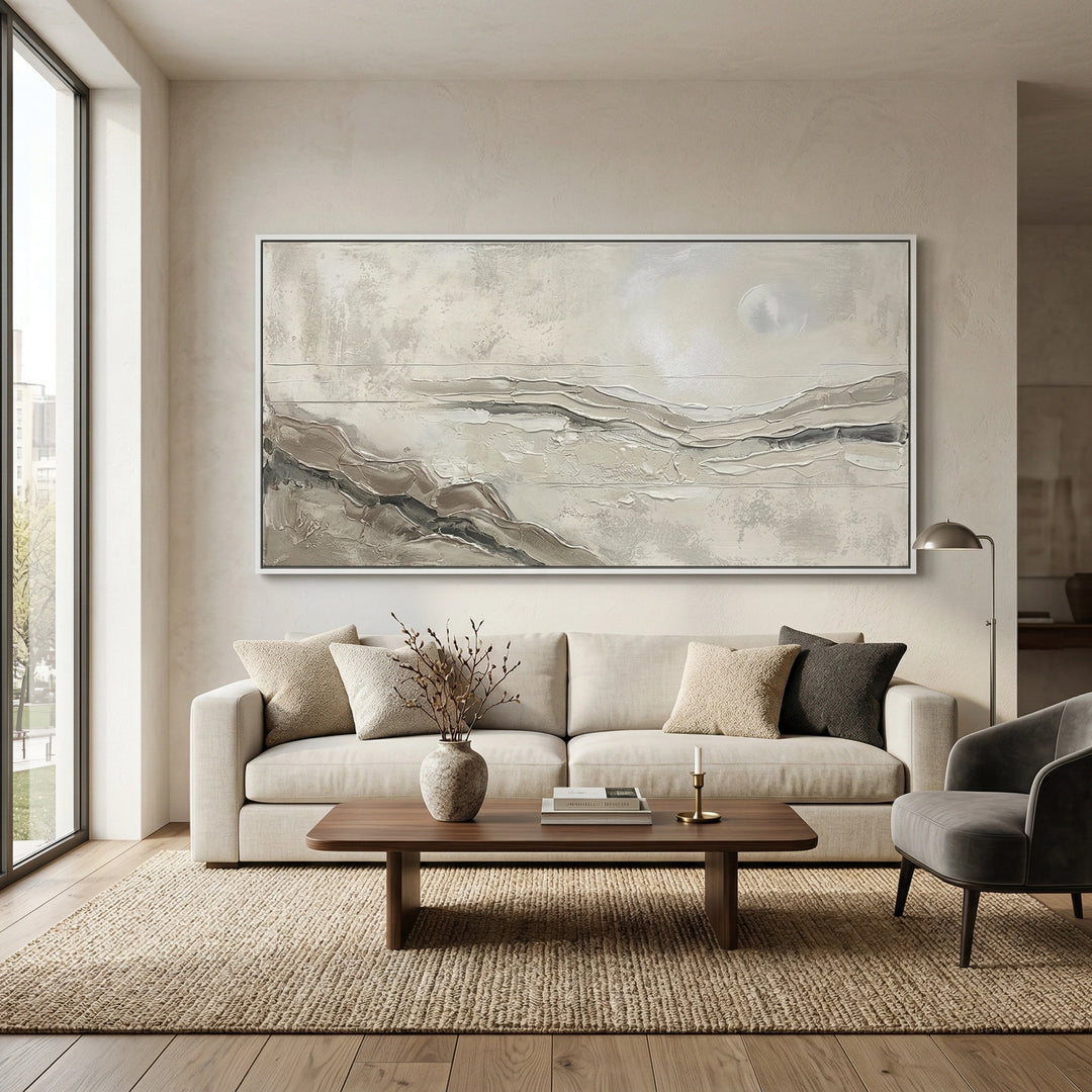 Jacquard 'Neutral Horizon Abstract' linen cushion in a pale oatmeal shade, sophisticated neutral decor for a minimalist UAE interior.