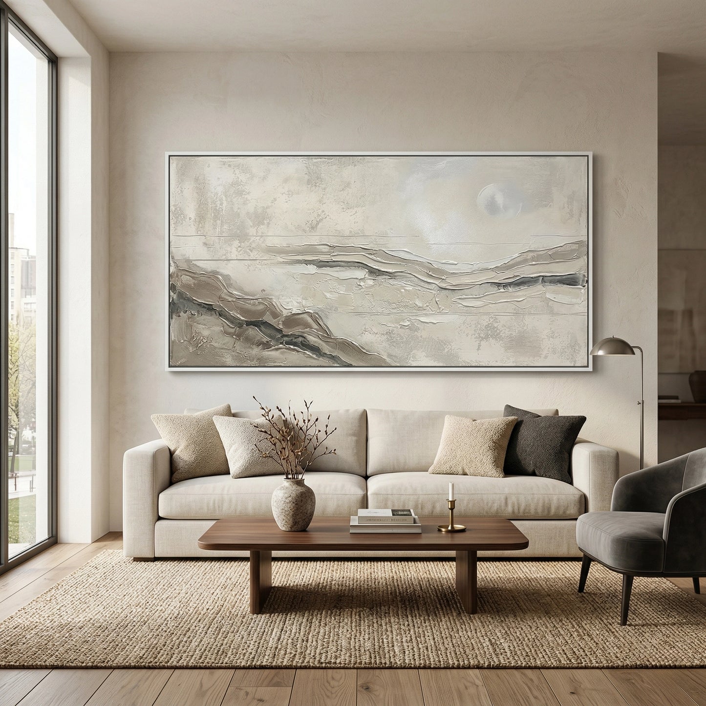 2Jacquard 'Neutral Horizon Abstract' linen cushion in a pale oatmeal shade, sophisticated neutral decor for a minimalist UAE interior.