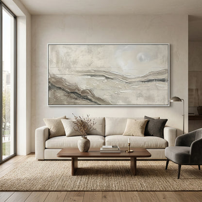 Jacquard 'Neutral Horizon Abstract' linen cushion in a pale oatmeal shade, sophisticated neutral decor for a minimalist UAE interior.