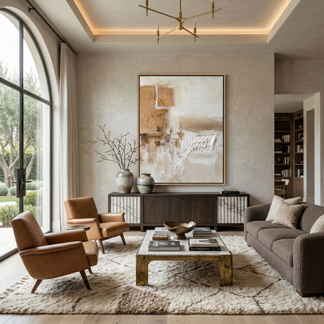 Minimalist 'Neutral Horizon' canvas art with heavy hand-sculpted textures along the horizon line, bringing architectural depth to a contemporary Abu Dhabi villa.