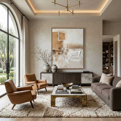 Minimalist 'Neutral Horizon' canvas art with heavy hand-sculpted textures along the horizon line, bringing architectural depth to a contemporary Abu Dhabi villa.
