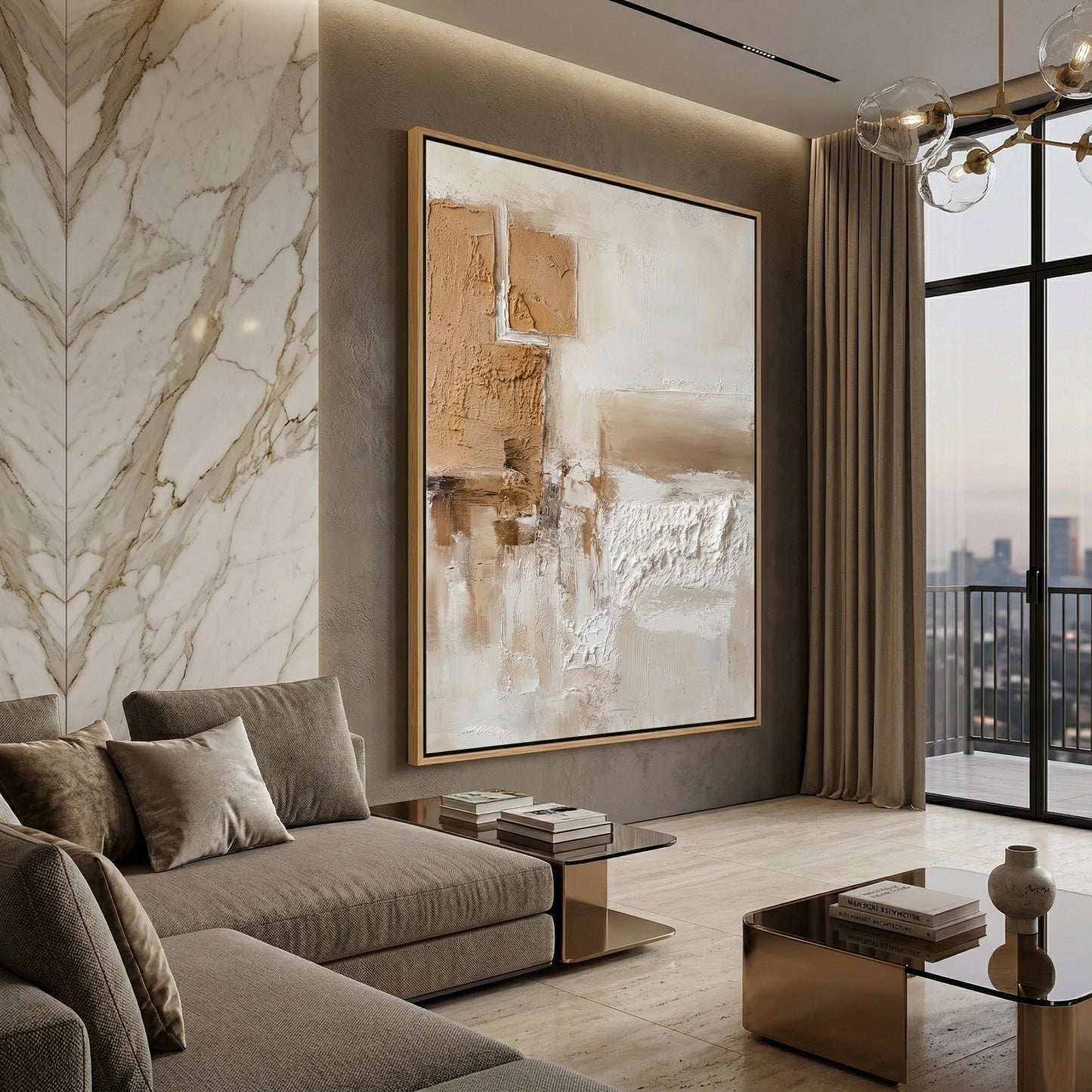 2Luxury 'Neutral Horizon' area rug with a subtle high-low pile gradient mimicking a desert landscape, perfect for a high-end Dubai lounge.