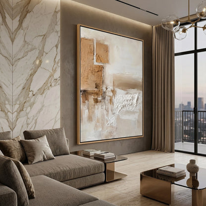 Luxury 'Neutral Horizon' area rug with a subtle high-low pile gradient mimicking a desert landscape, perfect for a high-end Dubai lounge.
