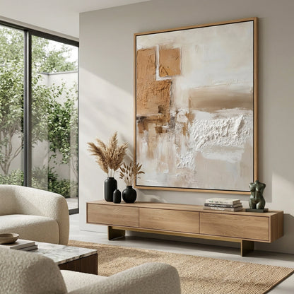 Three-panel 'Neutral Horizon' triptych with a continuous flowing landscape in soft greige and white, ideal for a large feature wall in a premium Dubai boutique or hotel.