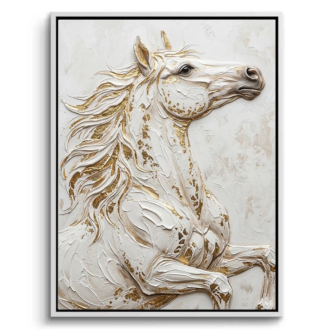 Powerful 'Noble Stallion' oil painting featuring a majestic Arabian horse with gold leaf accents, a prestigious statement piece for a luxury Dubai villa.