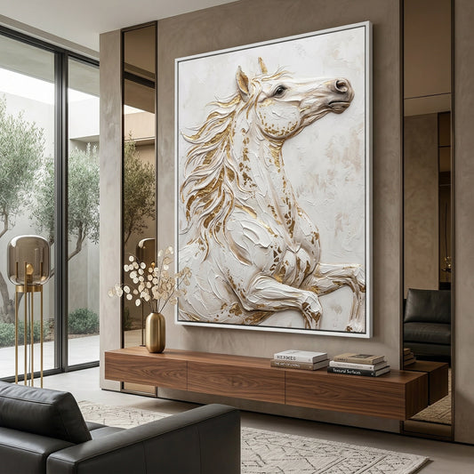 Minimalist 'Noble Stallion' abstract art with expressive brushstrokes in charcoal and white, perfect for a sophisticated Abu Dhabi office