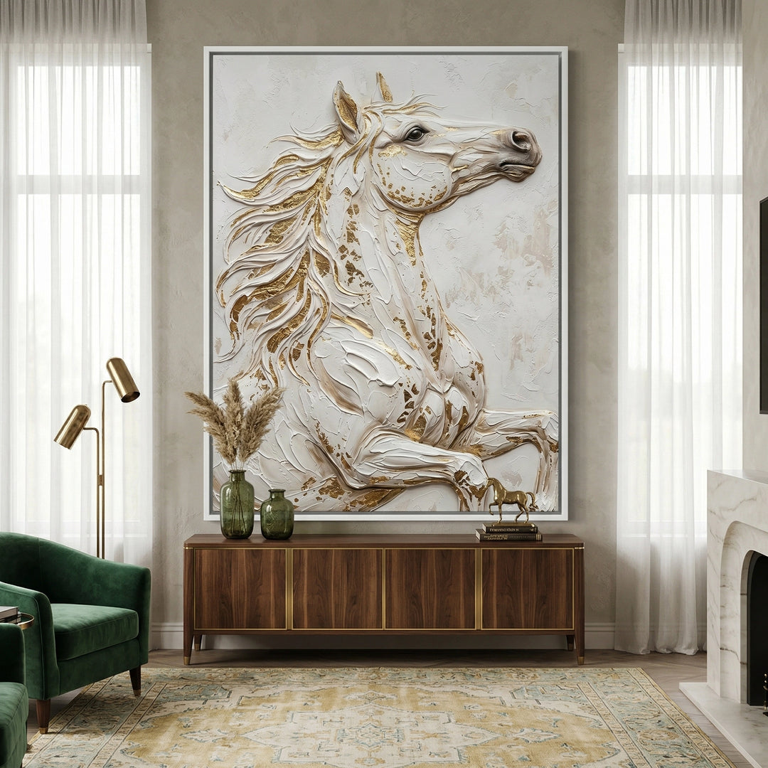 Magnificent 'Noble Stallion' bronze sculpture on a marble base, a symbol of success for high-end UAE interior design.