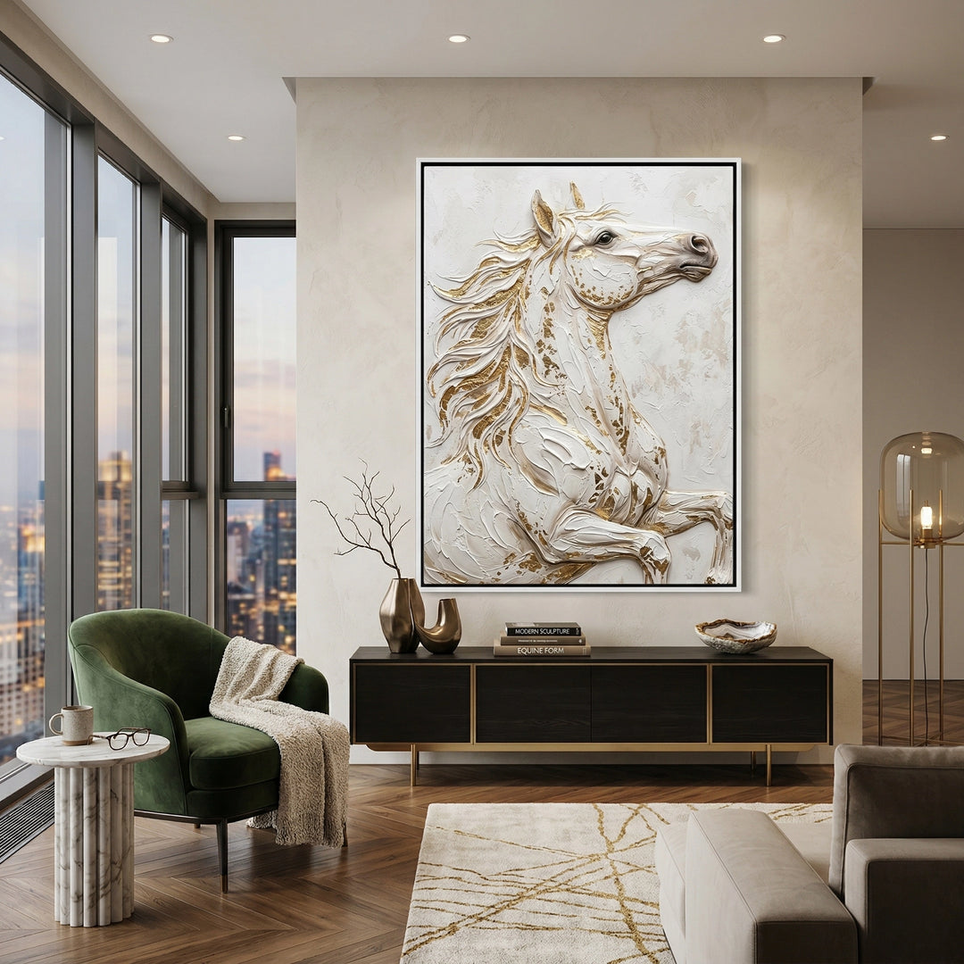 Sleek 'Noble Stallion' horse head bust in matte white ceramic, a chic accessory for a contemporary Dubai apartment shelf.
