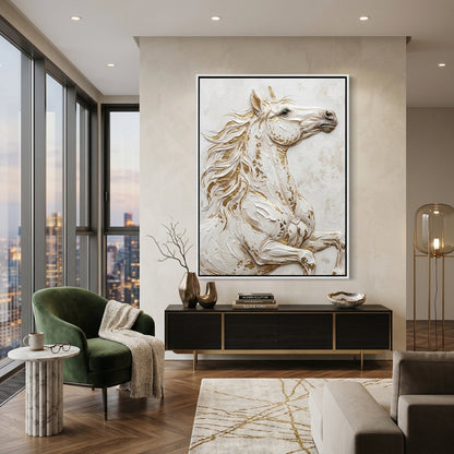 Sleek 'Noble Stallion' horse head bust in matte white ceramic, a chic accessory for a contemporary Dubai apartment shelf.
