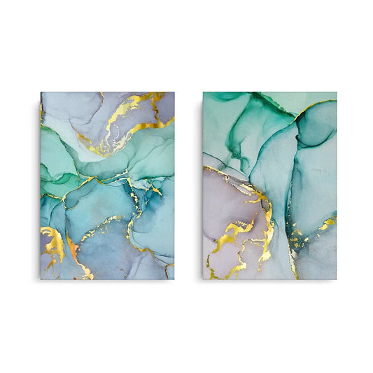 Set of two teal, blue, mint, and gold abstract canvas prints, showing flowing ink design UAE Dubai.