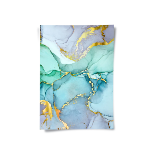 Close-up of teal, mint, blue, and gold abstract marble poster print with flowing ink design UAE Dubai.