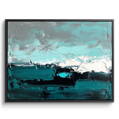 Large 3D 'Ocean Mist Abstract' painting featuring ethereal sea-foam gradients and hand-sculpted wave textures, a cooling focal point for a luxury Dubai coastal home