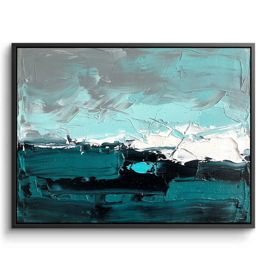 Large 3D 'Ocean Mist Abstract' painting featuring ethereal sea-foam gradients and hand-sculpted wave textures, a cooling focal point for a luxury Dubai coastal home
