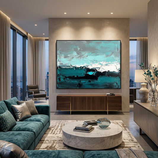 Minimalist 'Ocean Mist' canvas art with soft-focus blue layers and misty white transitions, bringing a serene 'Coastal Luxe' aesthetic to a modern Abu Dhabi villa.