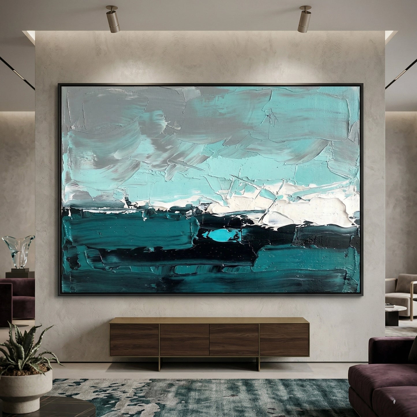2Contemporary 'Ocean Mist Abstract' in a monochromatic palette of aquamarine, teal, and pearl, premium gallery-style wall decor available in the UAE