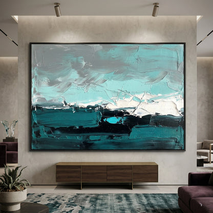 Contemporary 'Ocean Mist Abstract' in a monochromatic palette of aquamarine, teal, and pearl, premium gallery-style wall decor available in the UAE
