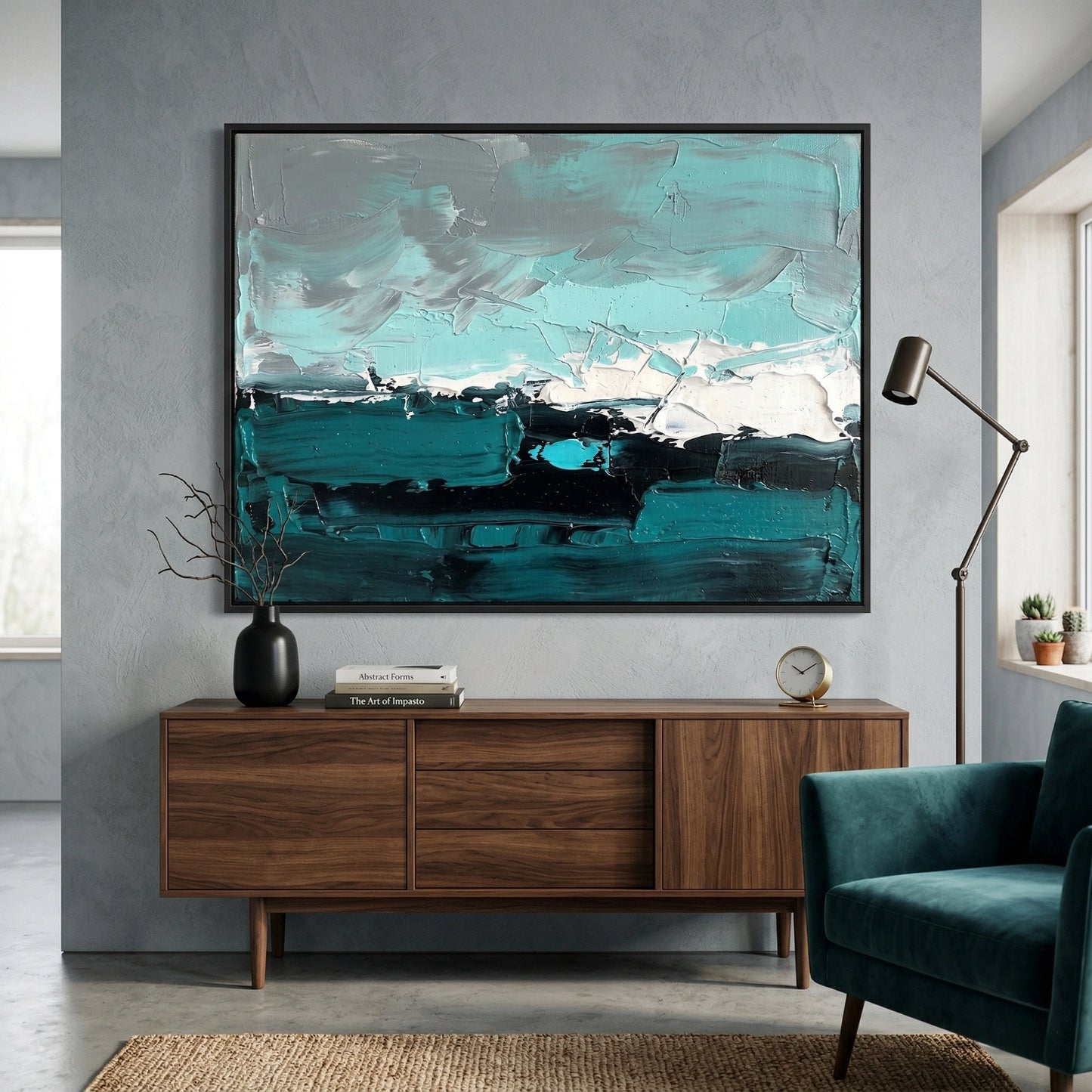 2Luxury 'Ocean Mist' area rug with a high-low pile silk blend in a cloudy blue gradient, perfect for a serene and airy Dubai Marina lounge
