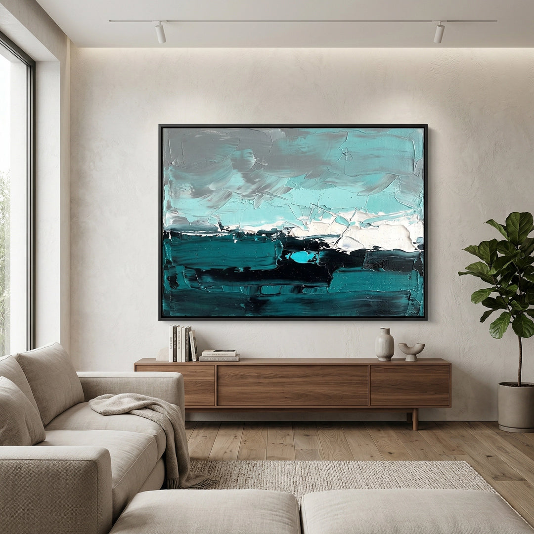 Textured 'Ocean Mist Abstract' linen cushion cover in a soft sea-glass blue, a sophisticated cooling accessory for a minimalist UAE interior