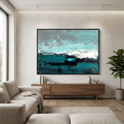 Textured 'Ocean Mist Abstract' linen cushion cover in a soft sea-glass blue, a sophisticated cooling accessory for a minimalist UAE interior
