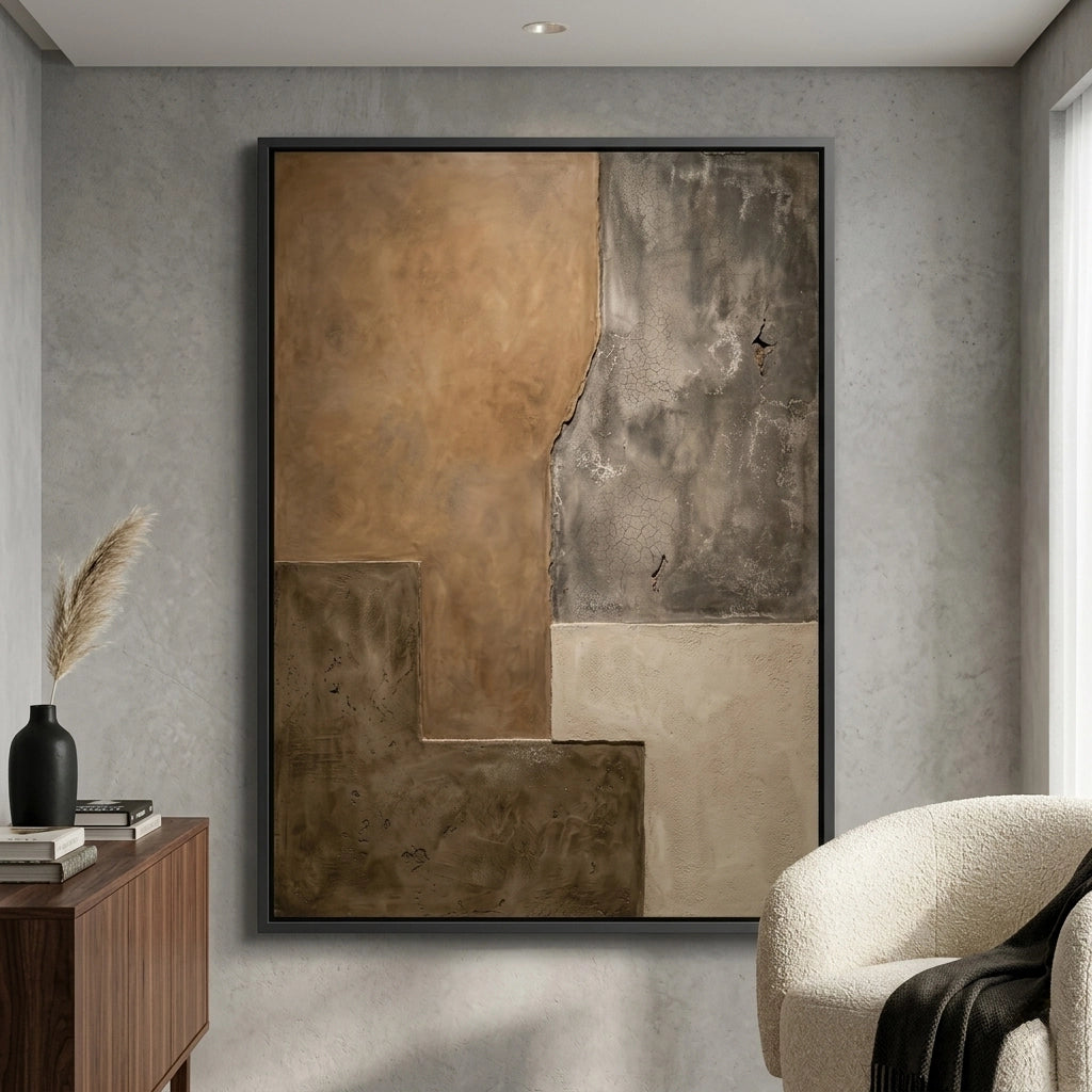 2Ochre Horizon abstract painting, elegant ochre and beige tones, upscale home decor UAE