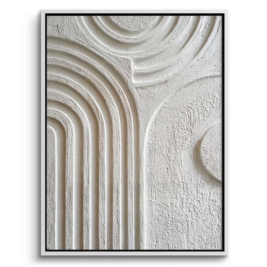 Large 3D 'Organic Modern Arches' plaster art with a heavy hand-textured stone finish, a sophisticated architectural statement for a luxury Dubai home.