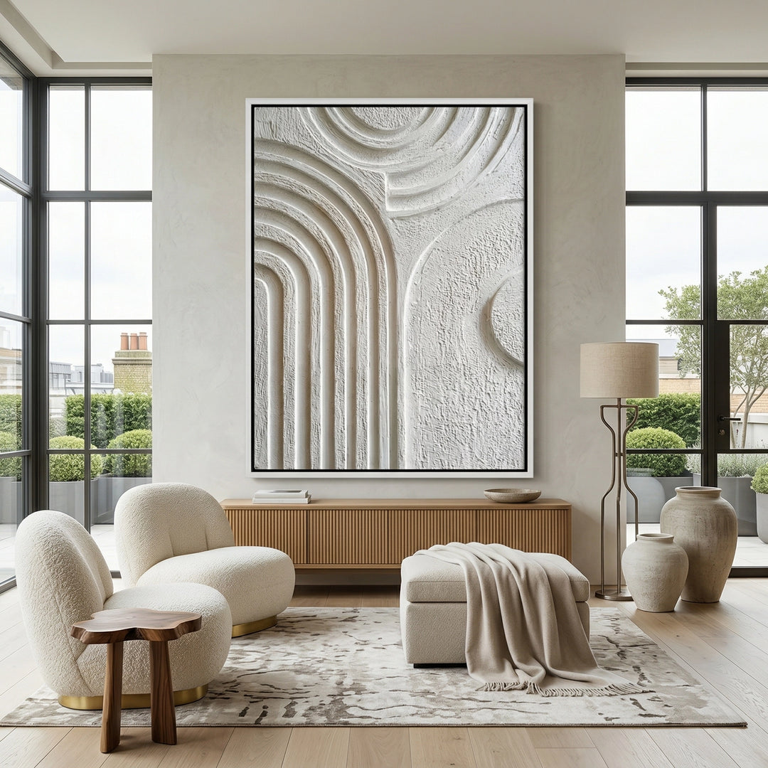 Minimalist 'Organic Modern Arches' canvas art in a warm bone and sand palette with raised 3D textures, perfect for a contemporary Abu Dhabi living room.