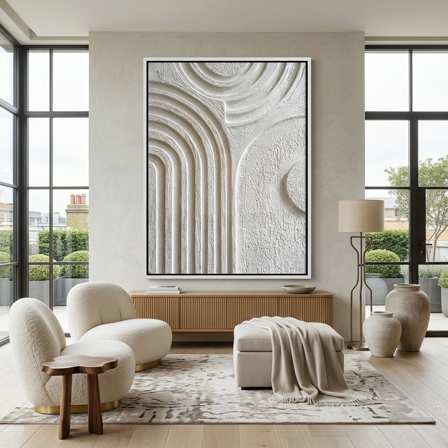 2Minimalist 'Organic Modern Arches' canvas art in a warm bone and sand palette with raised 3D textures, perfect for a contemporary Abu Dhabi living room.