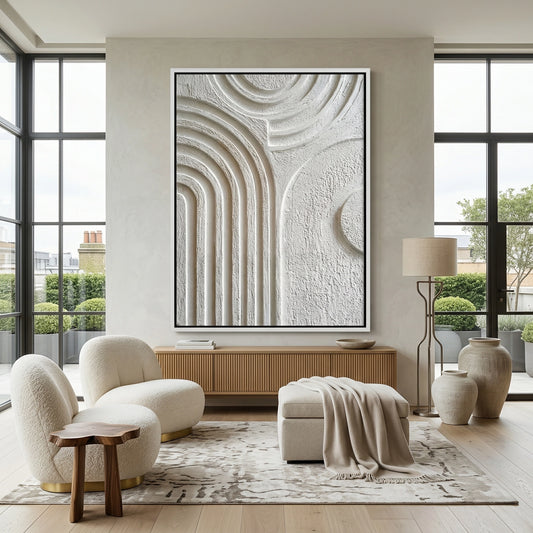 Minimalist 'Organic Modern Arches' canvas art in a warm bone and sand palette with raised 3D textures, perfect for a contemporary Abu Dhabi living room.