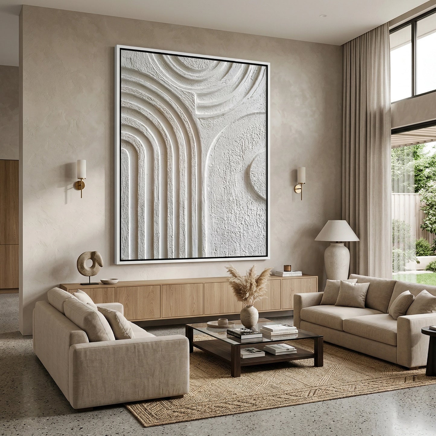 2Arched wall mirror with a minimalist 'Organic Modern' frame in a cream travertine finish, an elegant focal point for a luxury Dubai hallway.