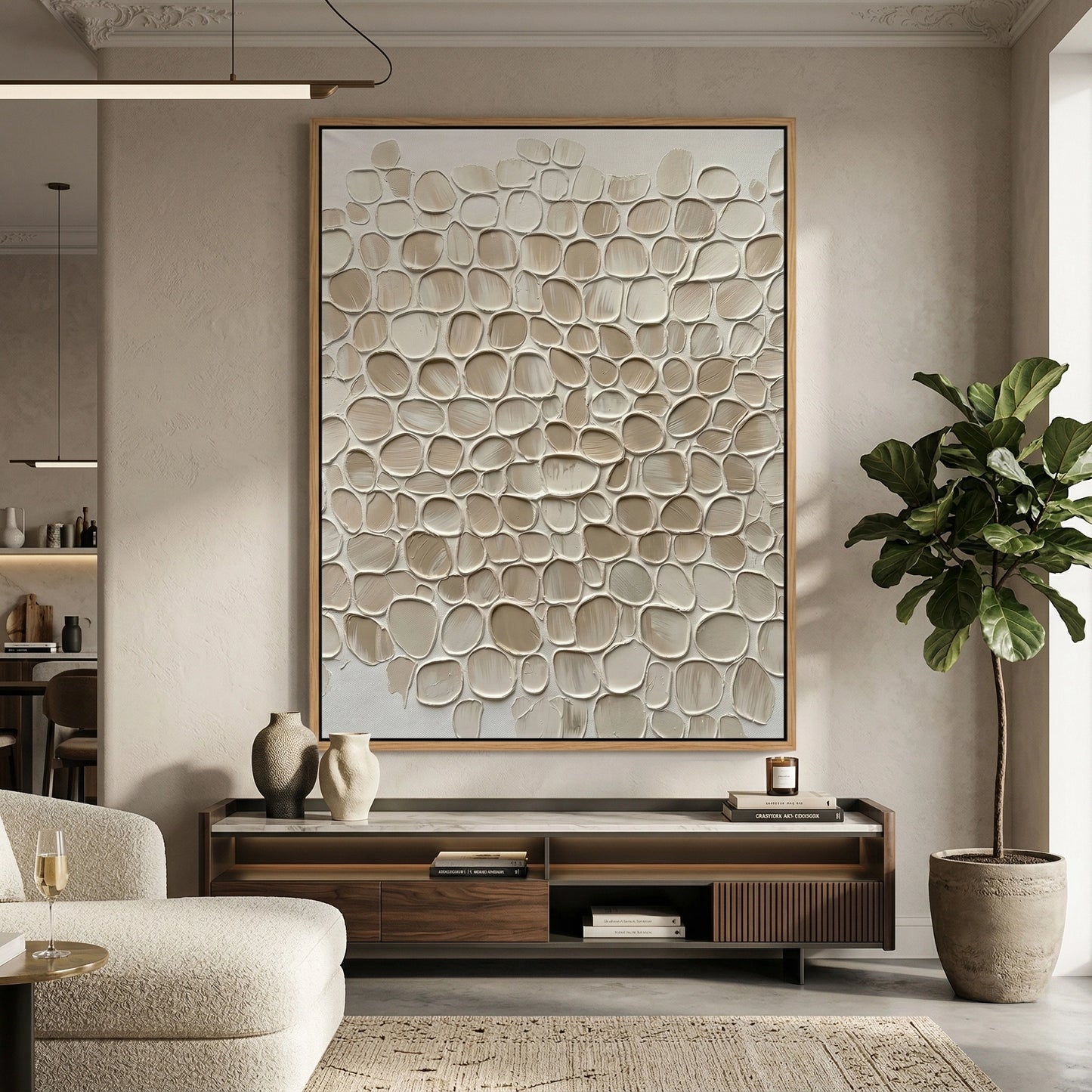 2Minimalist 'Oyster Shells' abstract painting in soft iridescent white and sandy beige, perfect for a serene beachfront apartment in the UAE.