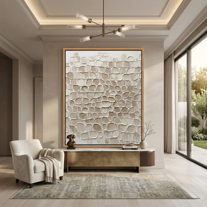 Textured 'Oyster Shells' canvas art with a shimmering pearlescent finish, elegant seaside wall decor available in Abu Dhabi.