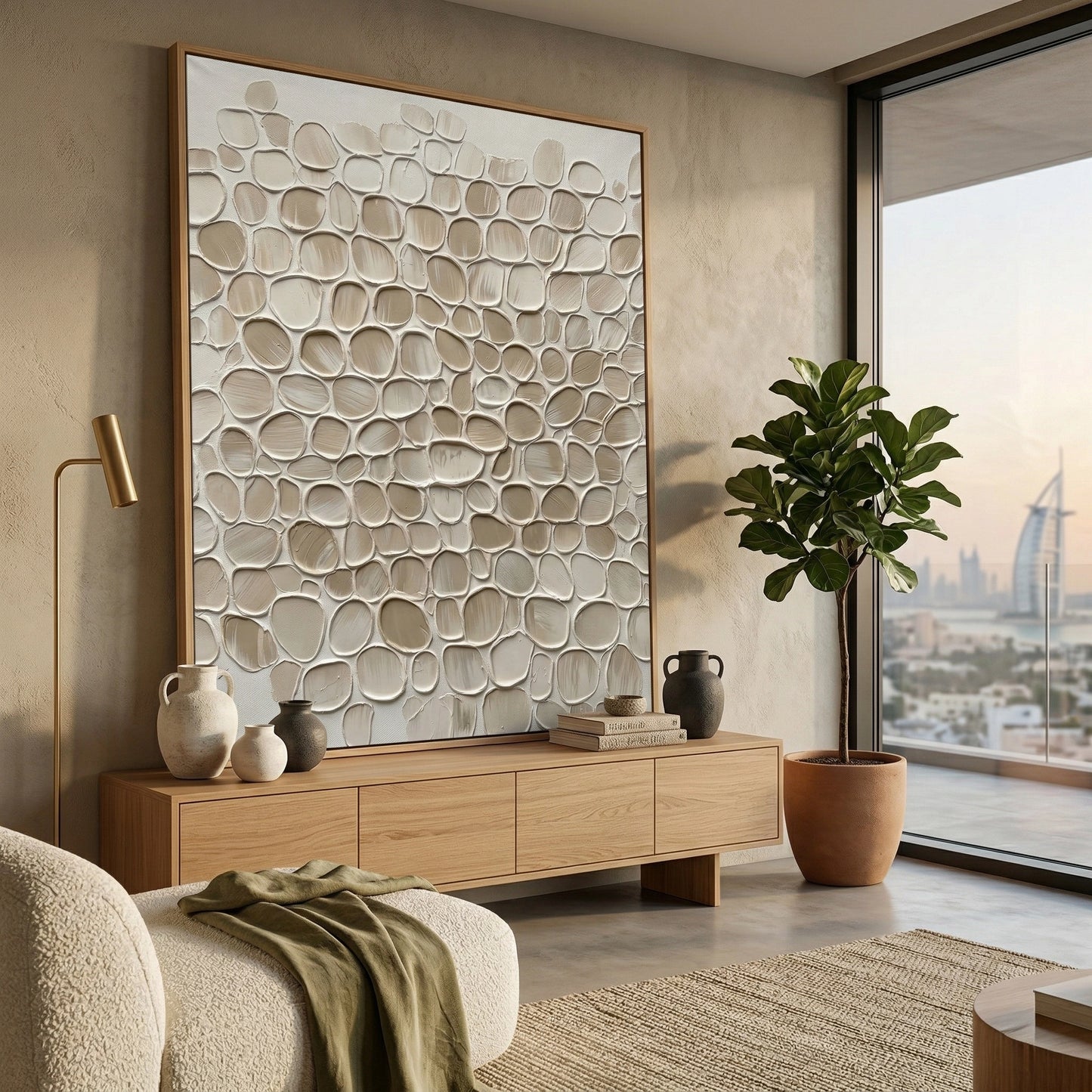 2Statement wall mirror framed in authentic 'Oyster Shells' and sea glass, adding organic luxury to a modern Dubai hallway.