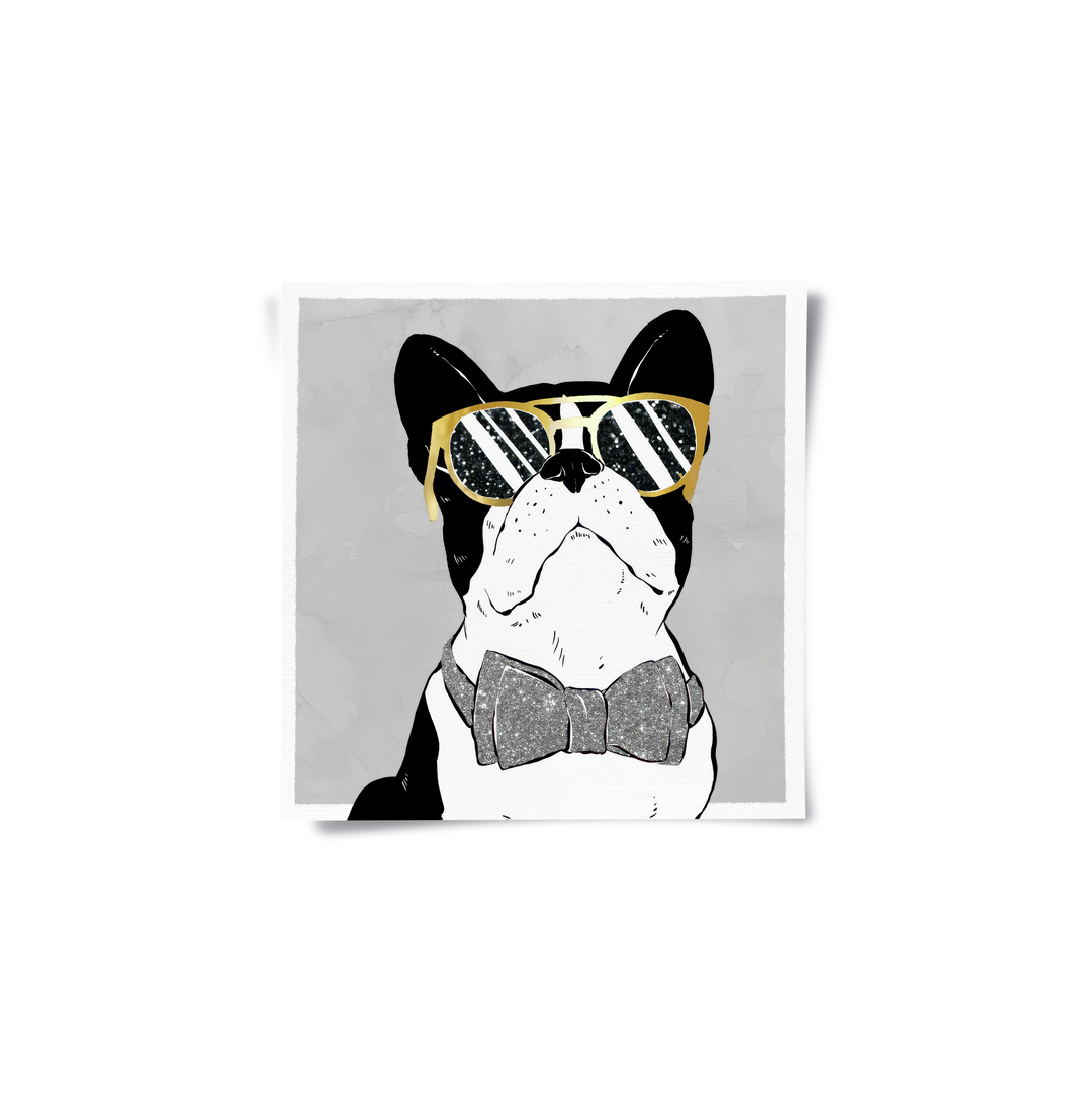 French Bulldog poster print gold sunglasses and glitter bow tie art