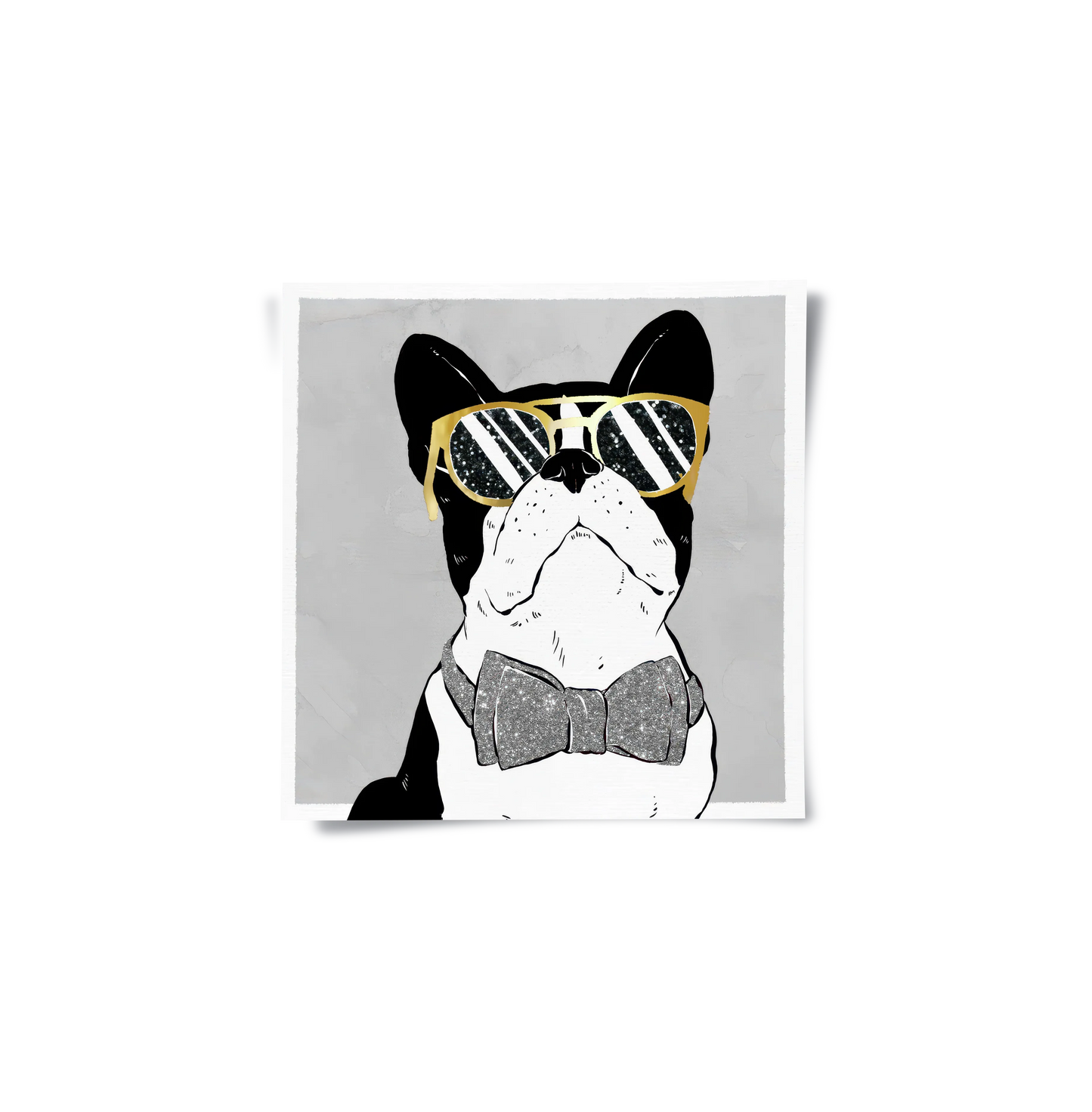 2French Bulldog poster print gold sunglasses and glitter bow tie art