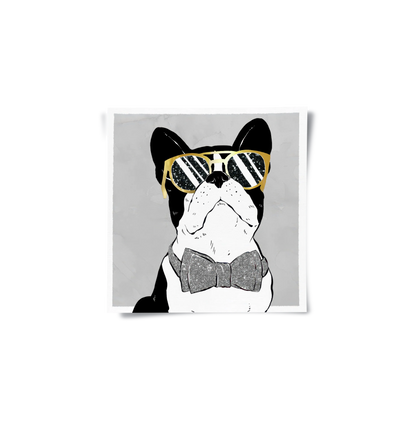 French Bulldog poster print gold sunglasses and glitter bow tie art