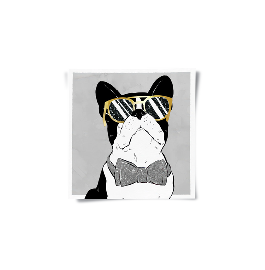 French Bulldog poster print gold sunglasses and glitter bow tie art