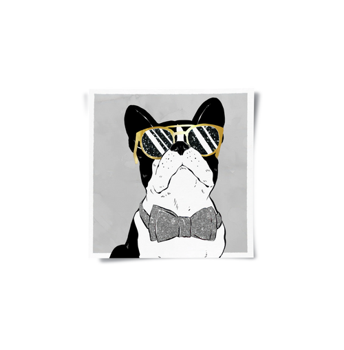 French Bulldog poster print gold sunglasses and glitter bow tie art