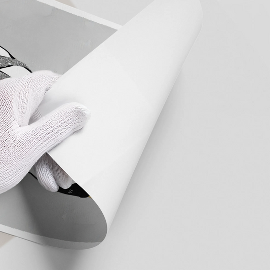 Close-up of high-quality poster print with black white Frenchie artwork