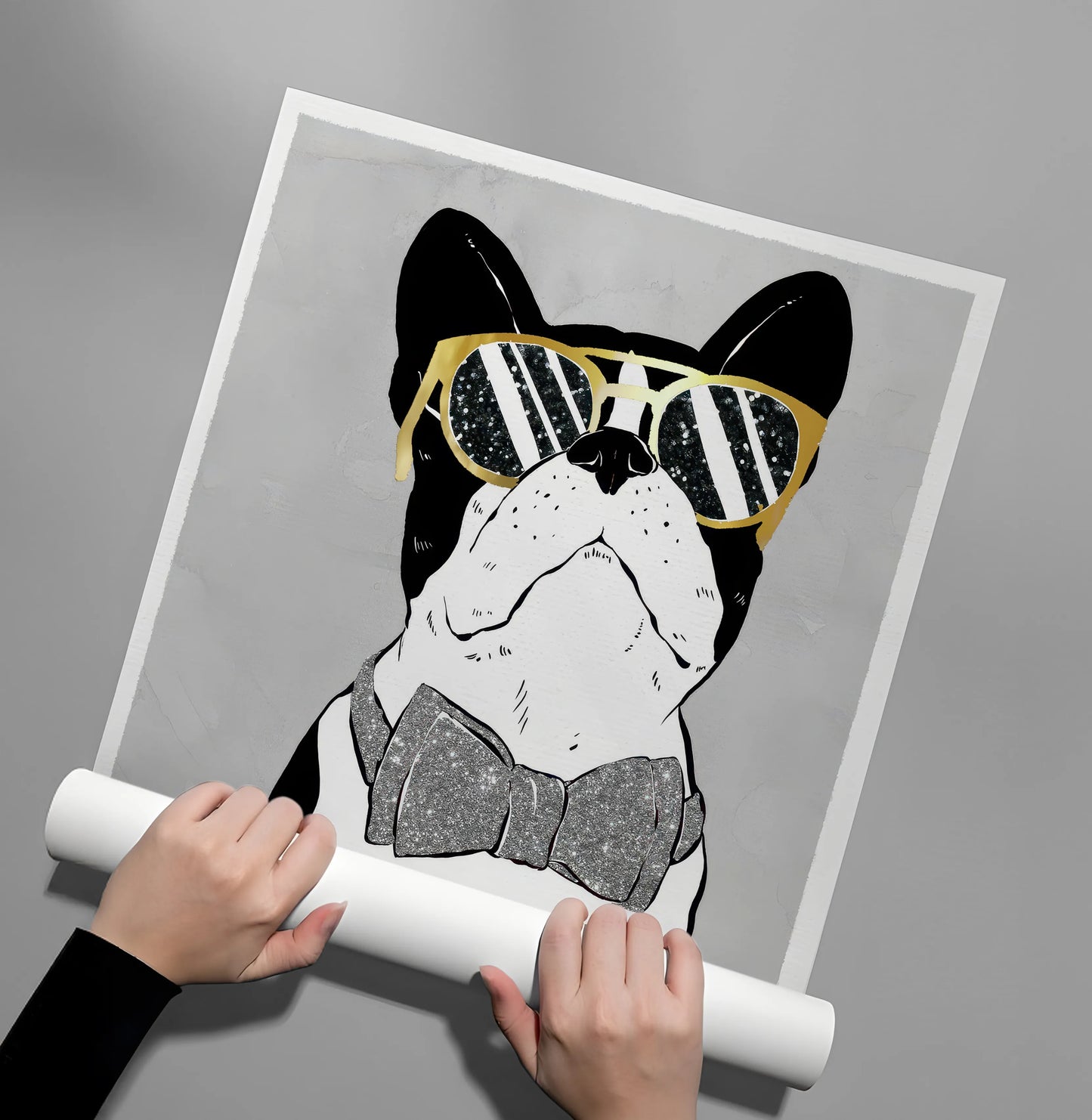 2Hands unrolling large dog poster Frenchie art with grey background